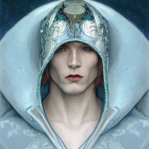 Prompt: a close - up portrait of an androgynous handsome male snow elf in a turquoise cape and silver armour, albino skin, winter vibes, elegant, very coherent symmetrical artwork, by tomasz alen kopera and alphonse mucha and charlie bowater, photorealistic