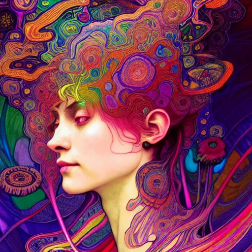 Image similar to A girl having an extremely colorful psychedelic experience, warping time and space, magic mushrooms, psilocybin, LSD, face, detailed, intricate, elegant, highly detailed, digital painting, artstation, concept art, smooth, sharp focus, illustration, art by Krenz Cushart and Artem Demura and alphonse mucha