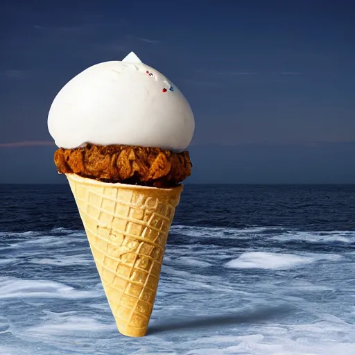 Image similar to a detailed photograph of a levitating ice cream cone growing out of a hamburger hovering over the ocean