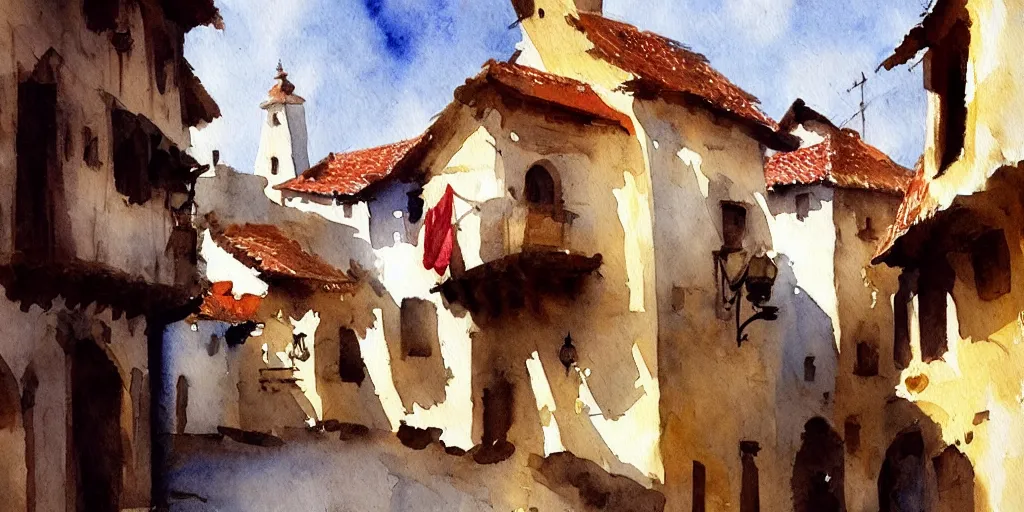 Image similar to medieval town, summer morning light, watercolor painting by john singer sargent, trending on artstation