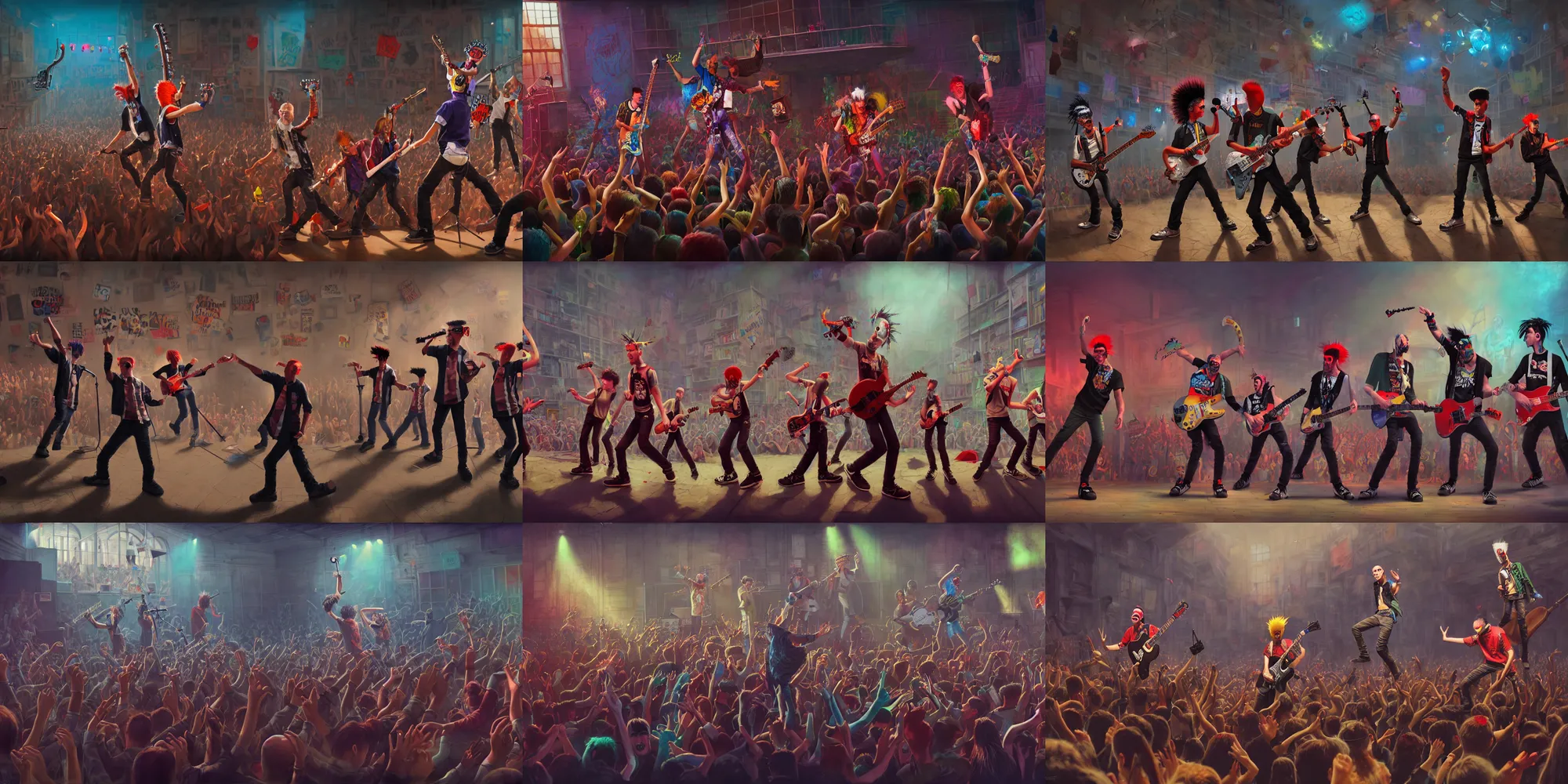 Prompt: 4 punks in school uniform with mohawks stand on stage with guitars and drums and microphones and yell day, foreground fight of ravers and punks, by marc simonetti, tyler edlin, deviantart, ray tracing, octane render, digital art, realistic, high quality, 8 k