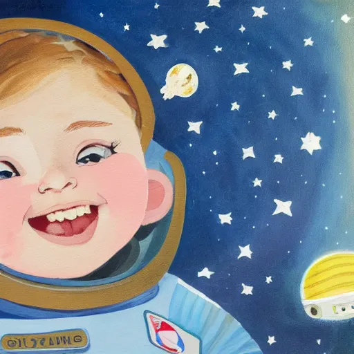 Image similar to a cute little girl with a round cherubic face, blue eyes, and short wavy light brown hair smiles as she floats in space with stars all around her. she is an astronaut, wearing a space suit. beautiful painting with highly detailed face by quentin blake and axel scheffler and greg rutkowski