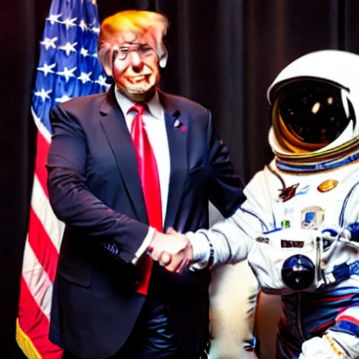 Image similar to donald trump shaking hands with astronaut cat