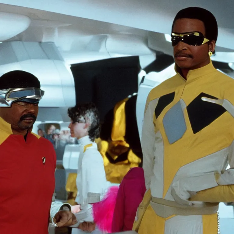 Prompt: geordi la forge wearing retro visor and feather earrings on the starship enterprise