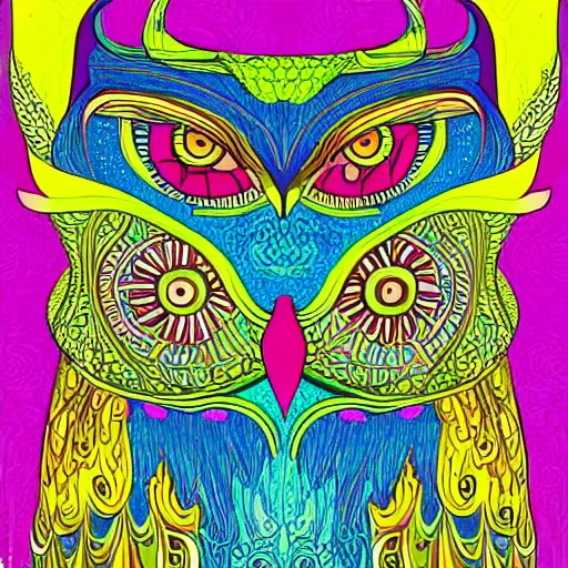 Prompt: Owl head in the style of art nouveau, colorful, detailed, hyper-detailed, fractals