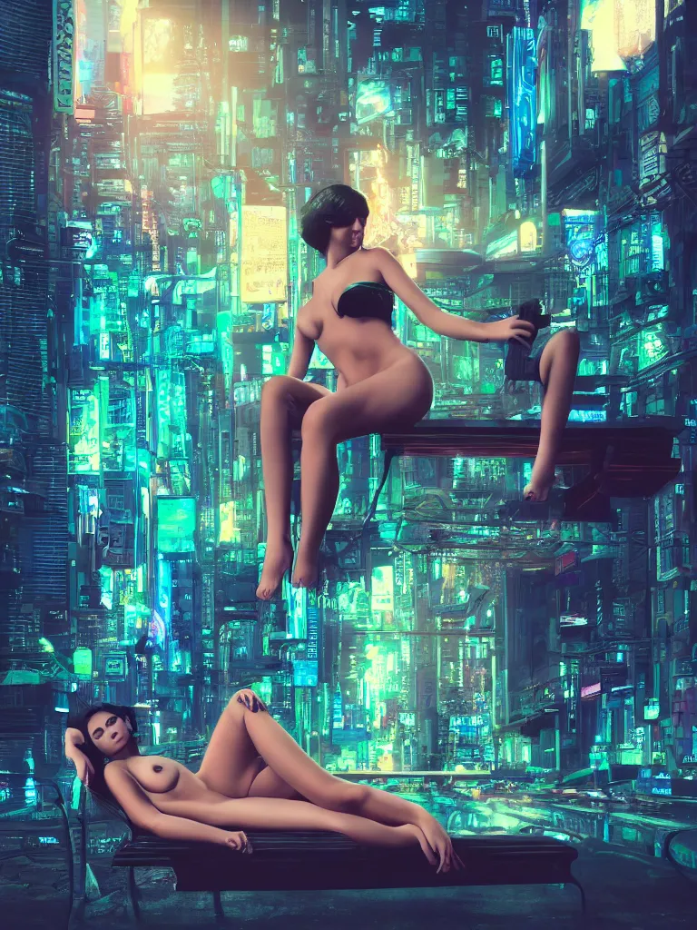Image similar to photorealistic 50mm shot of a beautiful nymph reclining, on a bench, in a futuristic cyberpunk neon city