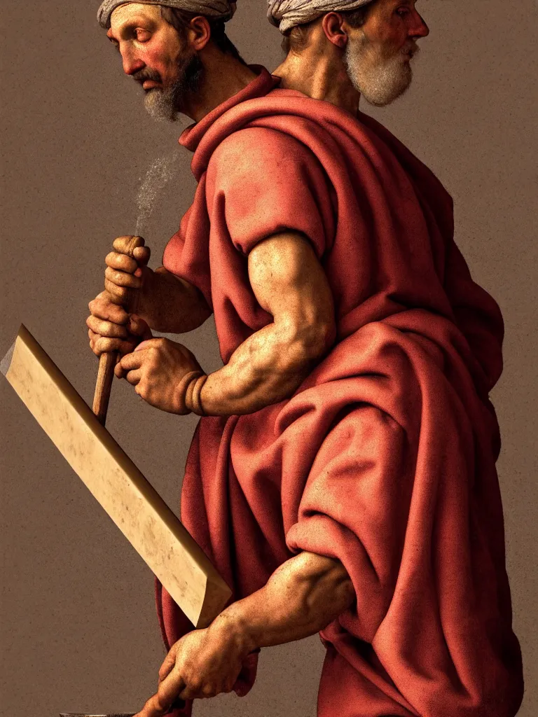 Prompt: a college aged michelangelo wearing peasant clothing of the renaissance holds a chisel in one hand and a mallet in the other, photorealistic, hyperdetailed, studio lighting, octane render, caustics