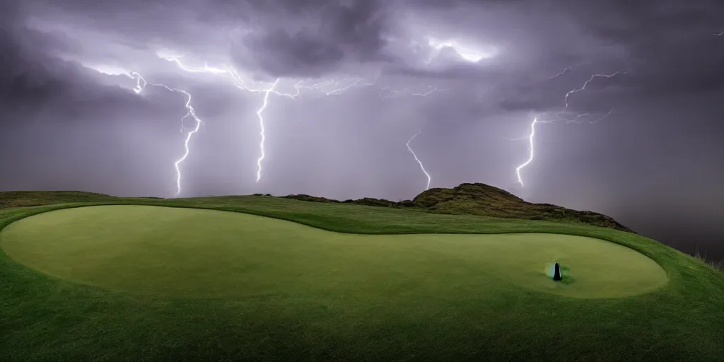 Image similar to a great photograph of the most amazing golf hole in the world, on top of the clouds, lightning storm, ambient light, golf digest, top 1 0 0, fog