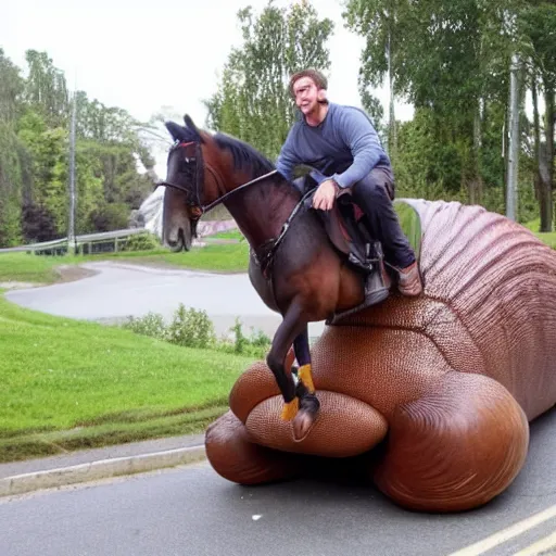 Image similar to a man riding a giant slug like its a horse