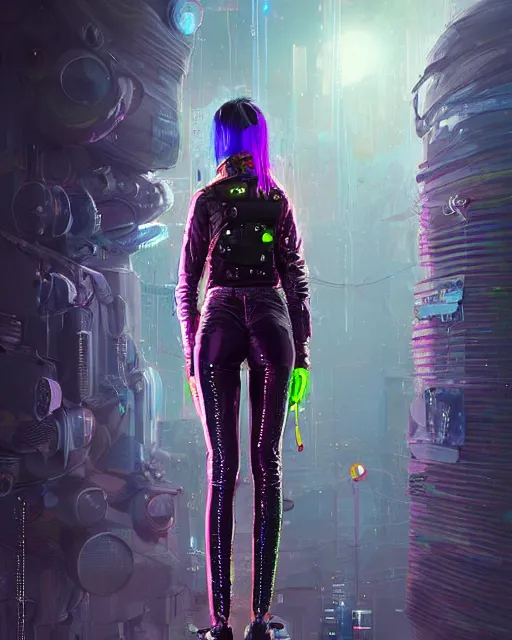 Image similar to detailed portrait neon guard girl with long blond hair and her boy friend very short brown hair, seen from the back, cyberpunk futuristic, reflective puffer jacket, black leggings, made of iridescent metals and shiny purple gems by ismail inceoglu dragan bibin hans thoma, perfect face, fine details, realistic shaded, fine - face, pretty face