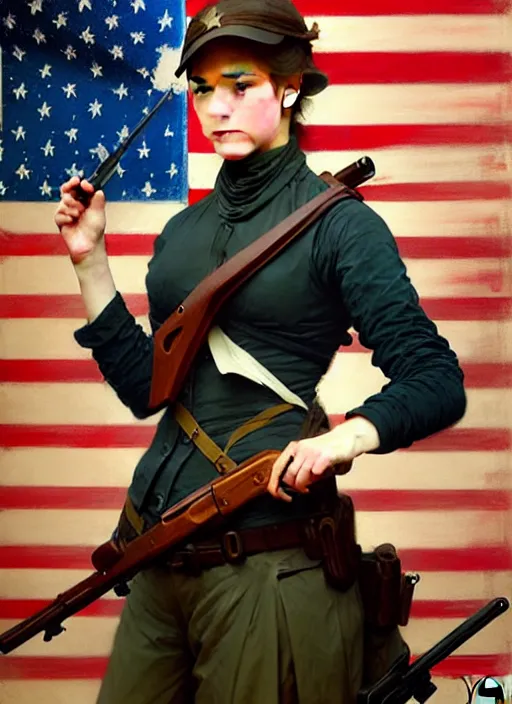 Image similar to character concept portrait of girl with an american flag in one hand and a rifle in one hand, victorian, intricate, elegant, digital painting, concept art, smooth, sharp focus, illustration, by Ruan Jia and Mandy Jurgens and William-Adolphe Bouguereau, Artgerm