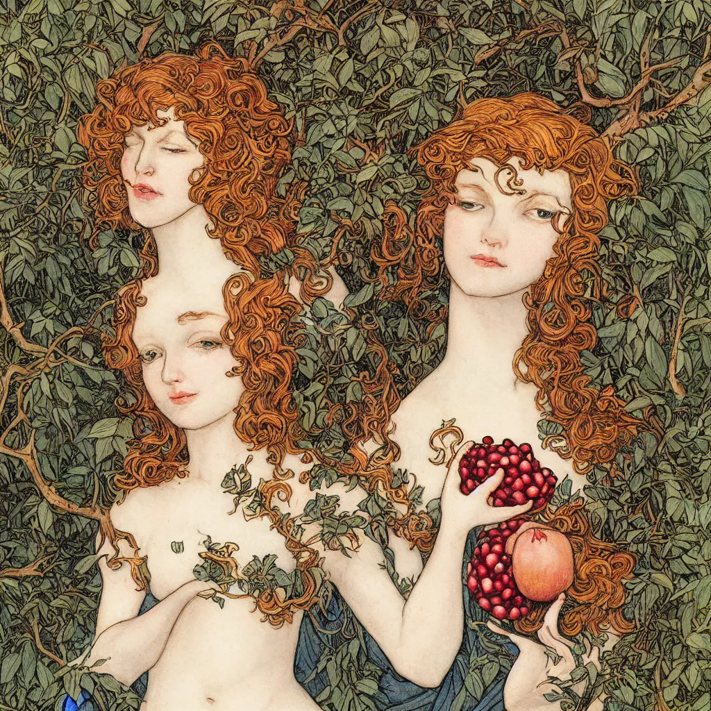 Image similar to a beautiful rebecca guay portrait illustration of persephone holding a pomegranate. 8k hq