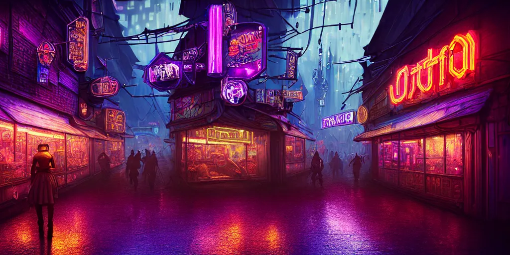 Image similar to fantasy medieval cyberpunk townscape, rain, neon signs, shops, arcade, market, nightclub, weaponsmith, blacksmith, armorer, floating vehicles, people, cinematic establishing shot, purple teal blue white pink orange color scheme, sharp focus, very realistic, photorealistic, intricately detailed, finely textured, cgsociety