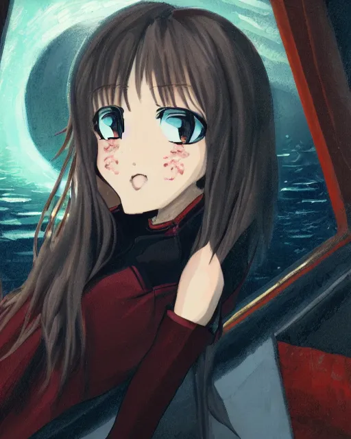 Prompt: a portrait of a teenage girl on a haunted ship, full shot, very anime, digital art, captures emotion and movement, ambient lighting, perfect composition, dynamic lighting, detailed face, smooth shading