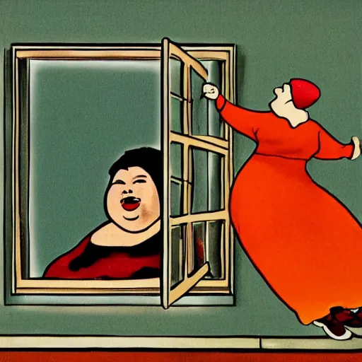 Image similar to a modeen etchine art work of a fat old woman flying trough the window into the kitchen. funny scene