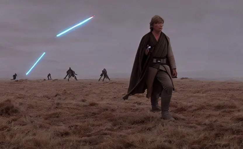Prompt: screenshot portrait of Luke Skywalker in a windy fiery battlefield with scattered parts of destroyed AT-AT walkers, with young jedi army behind him, iconic scene from 1970s film by Stanley Kubrick, last jedi, 4k HD, cinematic lighting, beautiful portrait of Mark Hammill, moody scene, stunning cinematography, anamorphic lenses, kodak color film stock