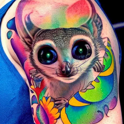 Image similar to shoulder tattoo of a multicolored trippy furry cute bushbaby with rainbow colored spiral eyes, surrounded with colorful shrooms and flowers, insanely integrate