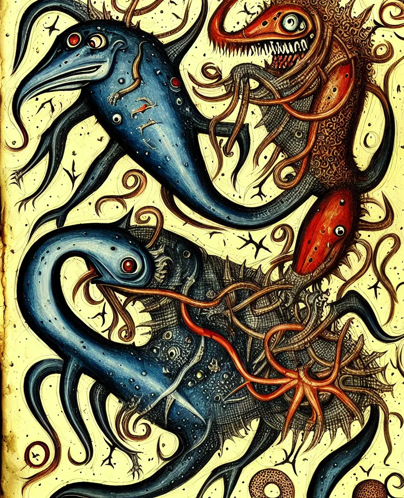 Image similar to medieval bestiary of wild repressed emotional creatures found in the deep sea of unconscious of the psyche, painted by ronny khalil