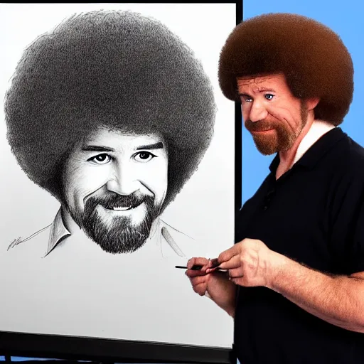 Image similar to bob ross drawing bob ross while looking at bob ross, beautiful, realistic, 8 k