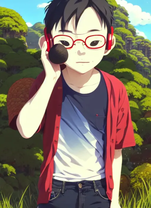 Image similar to portrait of chilled kong holding a mushroom, sunny sky background, lush landscape, illustration concept art anime key visual trending pixiv fanbox by wlop and greg rutkowski and makoto shinkai and studio ghibli and kyoto animation, symmetrical facial features, black shirt, red headphones, ripped jeans, backlit, aerodynamic frame, gta 5