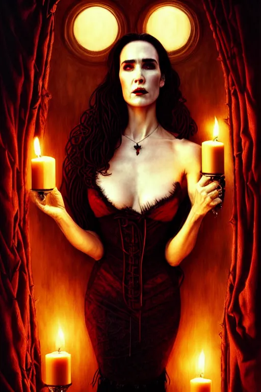 Image similar to jennifer connelly vampire queen, sharp fangs, blood, full body, intricate victorian dress, digital art, cinematic lighting, studio quality, symmetrical, artgerm, joshua middleton, rafael albuquerque, moody lighting, candles, art style by klimt, nixeu and ian sprigger and wlop and krenz cushart