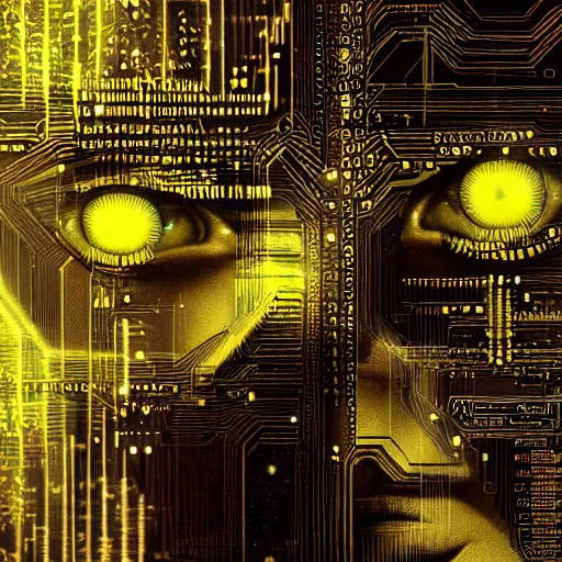 Image similar to a face covered in computer circuits, scifi, bladerunner, cyberpunk, heavy ink, yellow, very detailed eyes, 8 k resolution, by wlop, greg rutkowski