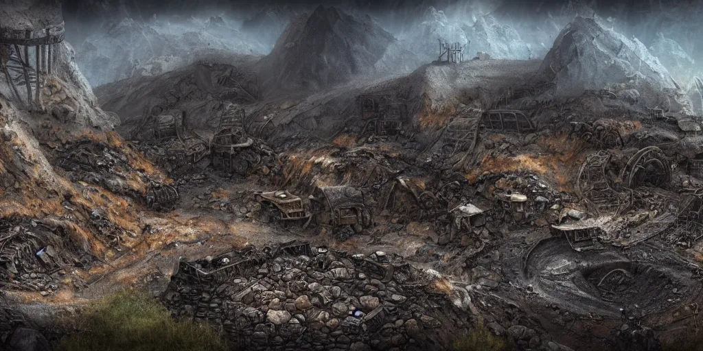 Prompt: the asphalt mines, rubble encases an abandoned mine, retro - futuristic, science - fantasy, hills, ancient tribe, rusted, fungal, salt, lgbt, queer, rpg, epic, dungeons & dragons, sacred, sharp focus, award - winning, extremely detailed, 4 k, 8 k