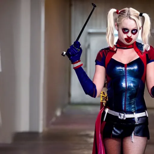 Image similar to A still of Kaley Cuoco as Harley Quinn