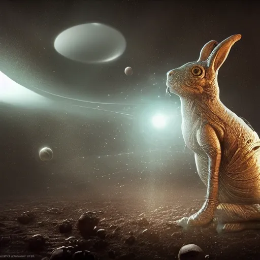 Prompt: alien rabbit in the space by HR giger, octane render, ambient light, very glowing eyes, space storm