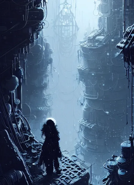 Image similar to highly detailed portrait of a frostpunk long curly white hair tribal lady, stray wiring by atey ghailan, james gilleard, by joe fenton, by greg rutkowski, by greg tocchini, by kaethe butcher, 4 k resolution, gradient blue, black and white color scheme!!! ( ( glaciated robotic dystopian city background ) )