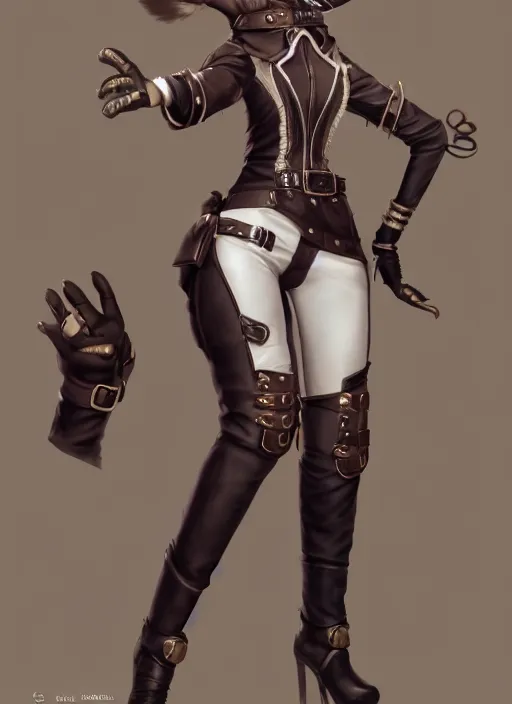 Image similar to wide angle beautiful full body portrait of a strong female anthropomorphic anthro lynx fursona wearing a steampunk leather pants. from behind, paw pads, character design by disney, anime, manga, charlie bowater, ross tran, artgerm, and makoto shinkai, detailed, soft lighting, rendered in octane, white fur, white lynx face
