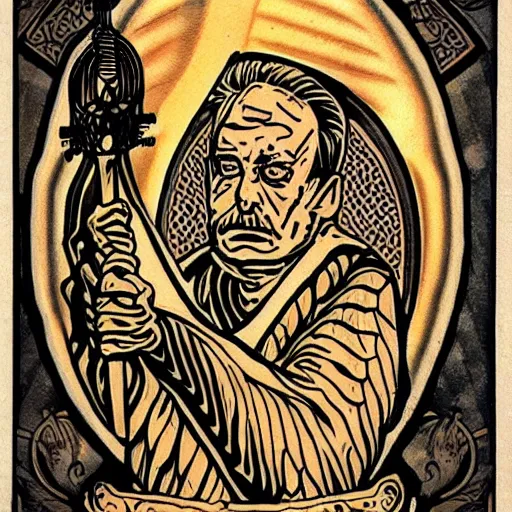 Image similar to tattoo design, stencil, a tarot card of a old man resting on a sword