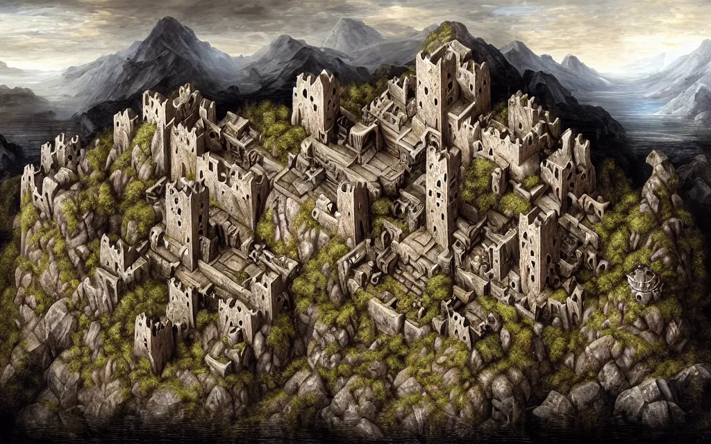 Image similar to aerial view of a dwarven fortress chiseled into the side of a mountain, a baroque oil painting, ominous, epic, medieval fantasy landscape, deep halls, runes, torches, waterwheels, windmills, ornate jewels, trading depots, extremely detailed, sharp focus