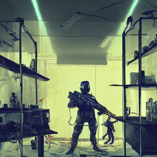 Image similar to K9 squad breaking into a meth lab, futuristic, wide shot, dim colors, ambient lighting, dynamic lighting, cyperpunk art, trending on artstation, 4K, HQ