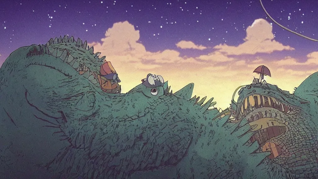 Prompt: a movie still from a studio ghibli film showing a lovecraftian crocodile from howl's moving castle ( 2 0 0 4 ). a pyramid is under construction in the background, in the rainforest on a misty and starry night. a ufo is in the sky. by studio ghibli