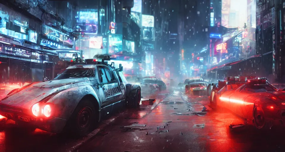 Image similar to closeup photo of combat tesla cybertruck driving on wet dystopian cyberpunk city streets at night, mad max, action, speed, volumetric lighting, hdr, need for speed, gta 5, forza, makoto shinkai, syd mead, craig mullins, cinematic, fast and furious, blade runner, octane, 8 k, iso 1 0 0, 1 2 mm