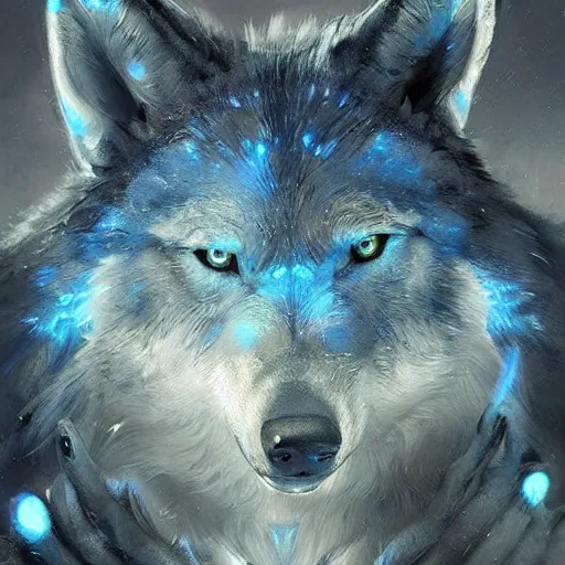 Image similar to a pack of large blue wolves with intricate glowing symbols on their fur. fantasy art cinematic. detailed masterpiece. realistic. photo realism. cgsociety. by krenz cushart. ruan jia. jarold sng.