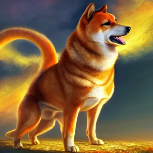 Image similar to an oil painting of a shiba inu with dragon wings, hd, hdr, ue 5, ue 6, unreal engine 5, cinematic 4 k wallpaper, 8 k, ultra detailed, high resolution, artstation, award winning