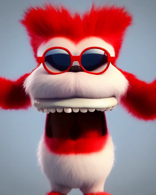 Image similar to 3 d render of completely red hairy friendly antropomorphic cartoony creature wearing white ray - ban shades, full body, simple, smiling, cute, white background, unreal engine 5 hdr