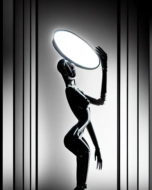 Image similar to black and white high quality photo of a beautiful female AI vegetal-cyborg looking into a sci-fi mirror, volumetric lighting, liminal space, brutalism, foggy, dreamy, hyperdetailed, bokeh, photorealistic, cinematic, masterpiece, elegant, dark, by Man Ray in the style of Horst P. Horst, octane render, 8K,