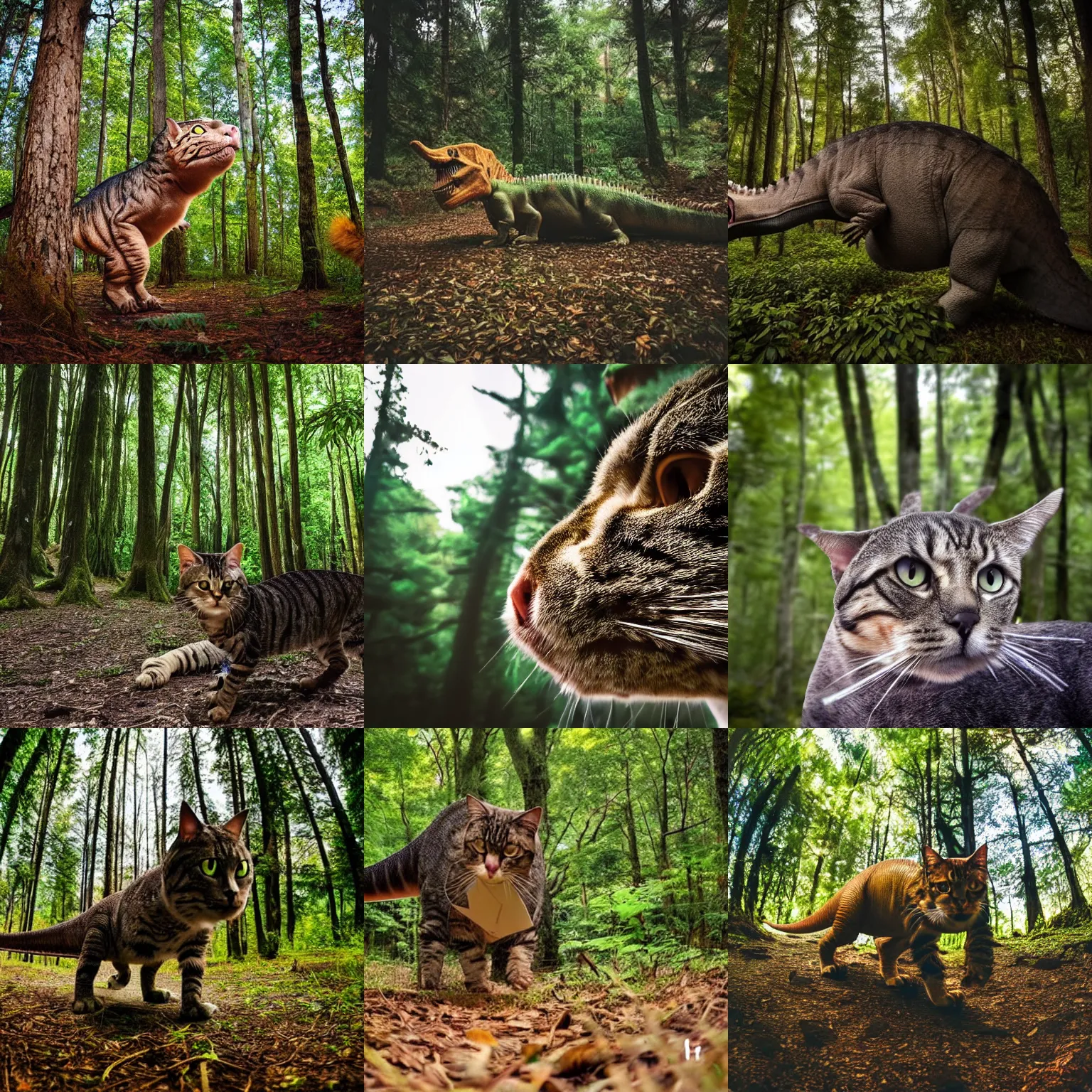 Prompt: a dinosaur with the head of a cat, slightly furry, in a forest, full body, wide angle, nature photography