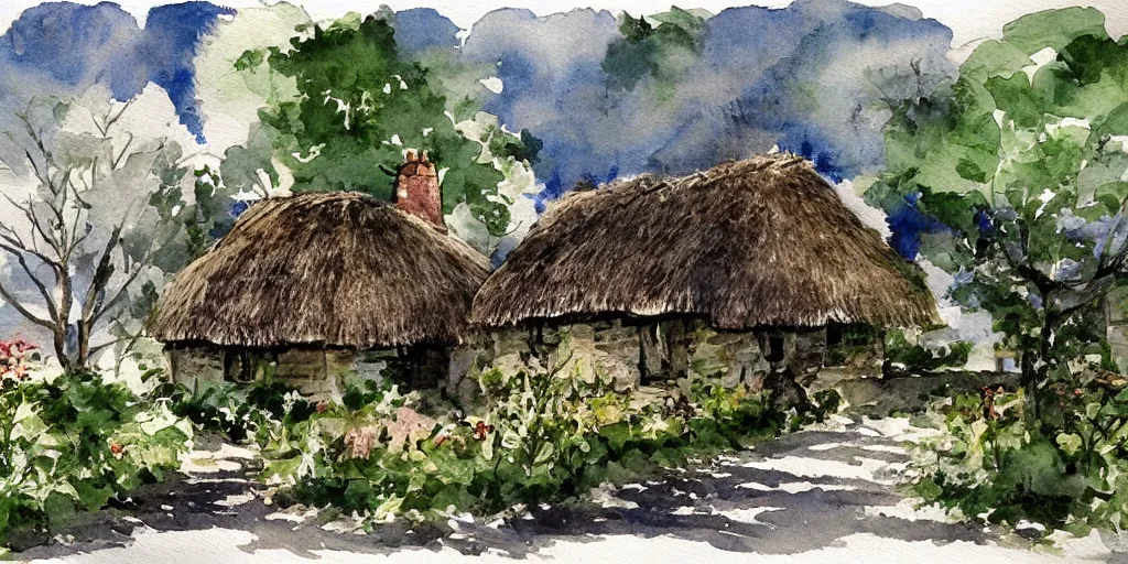 Image similar to old thatched cottage with a front garden among the trees, watercolor