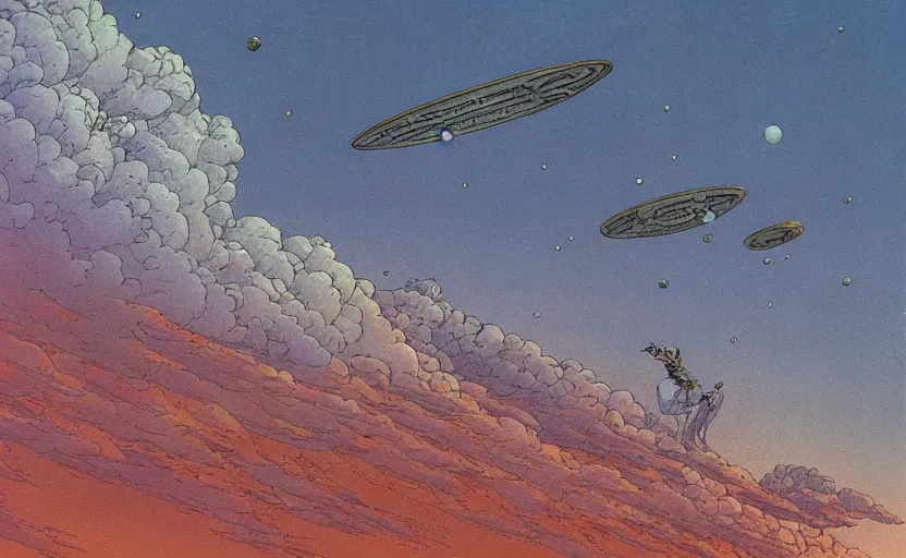 Prompt: anunnaki on a nimbus cloud, by moebius,