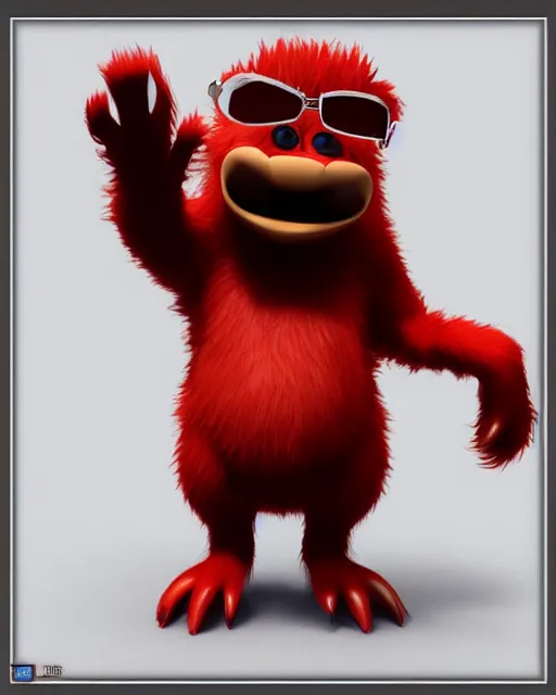 Image similar to 3 d render of completely red hairy friendly antropomorphic cartoony creature wearing chrome shades, full body, simple, cute, white background, unreal engine 5 hdr