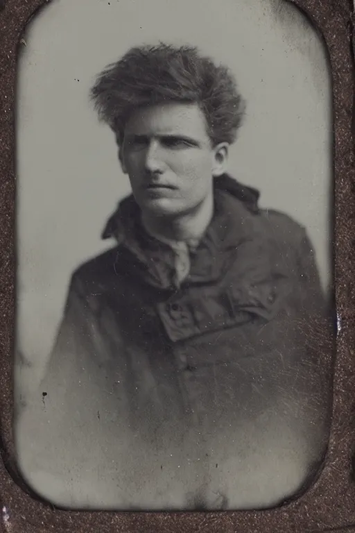 Prompt: a tintype photo of a man with crazy hair