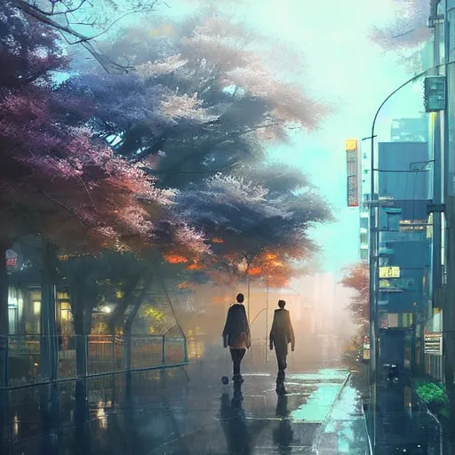 Image similar to evening tokyo walk in tachikawa. volumetric lighting, spring early morning, dew, nice weather, realistic illustration, perfectly shaded, soft painting, art by krenz cushart and wenjun lin