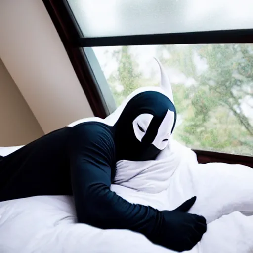 Image similar to man sleeping in bed with white tentacle mask with batman lurking menacingly in the window