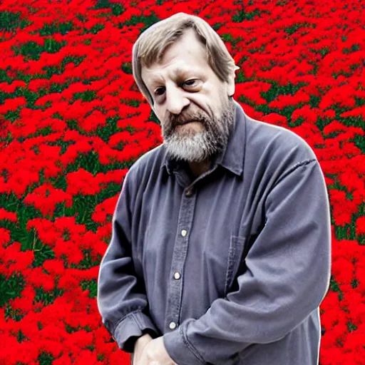 Prompt: Art photography Slavoj Žižek having a fight against red flowers