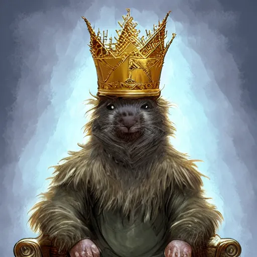 Prompt: a dirty sewer rat wearing a golden crown, sitting on a throne, prize winning, trending on artstation, fantasy illustration, warm tones, digital art