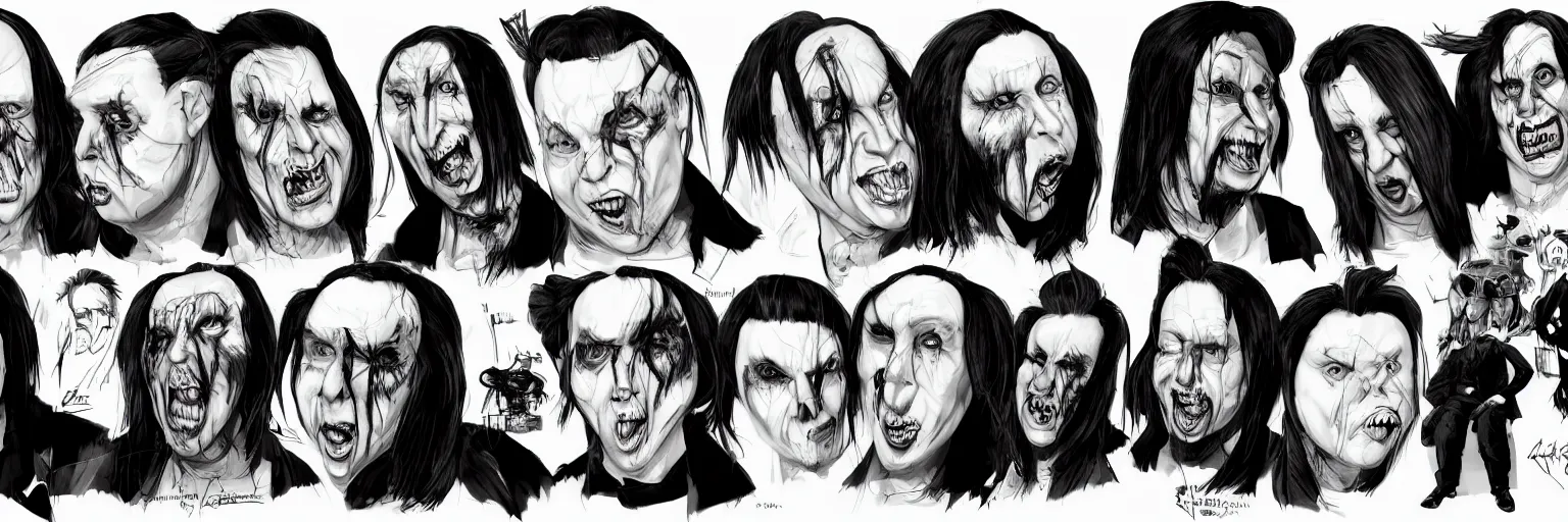 Prompt: character study of marilyn manson and jack black, clear faces, wild, crazy, character sheet, fine details, concept design, contrast, kim jung gi, pixar and da vinci, trending on artstation, 8 k, full body and head, turnaround, front view, back view, ultra wide angle